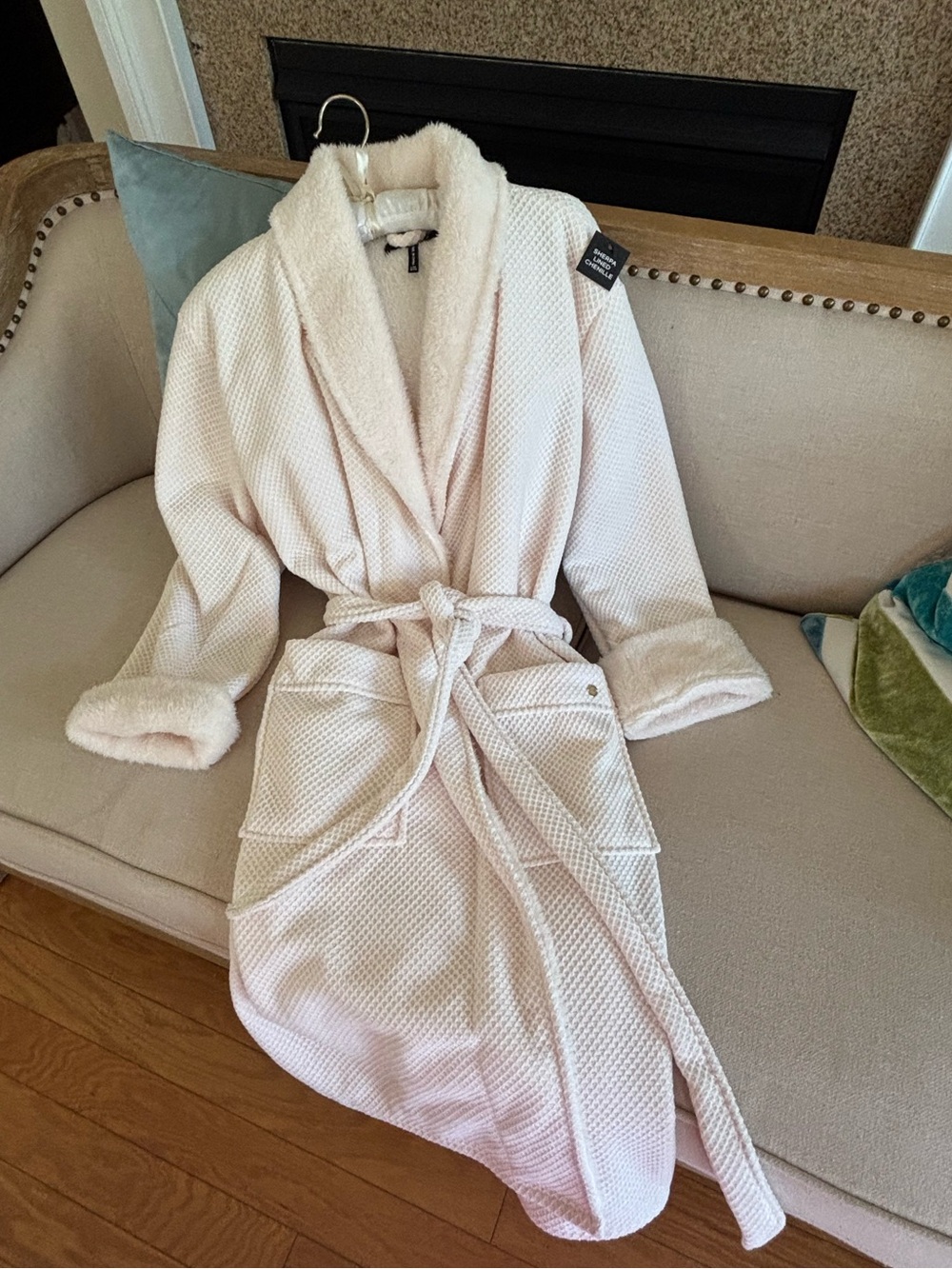 BCBG Pale Pink Waffle Knit Robe with Plush Collar